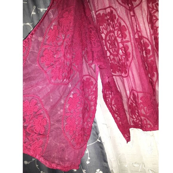 Maurices Dark Berry Pink Sheer Lace Kimono Open Cardigan Sweater Duster One Size - Picture 2 of 5